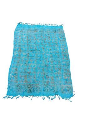 Bali Bay Rayon Sarong Wrap Scarf Blue & Gold One Size  Butterfly Print Fringe
